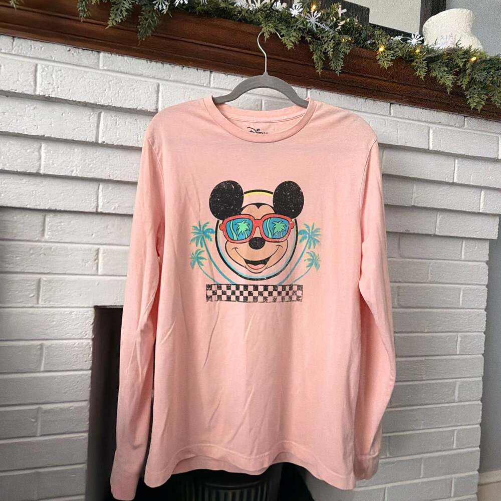 Disney Mickey Mouse w/Sun Glasses & Palm Trees T-Shirt - Peach - Adult Size L